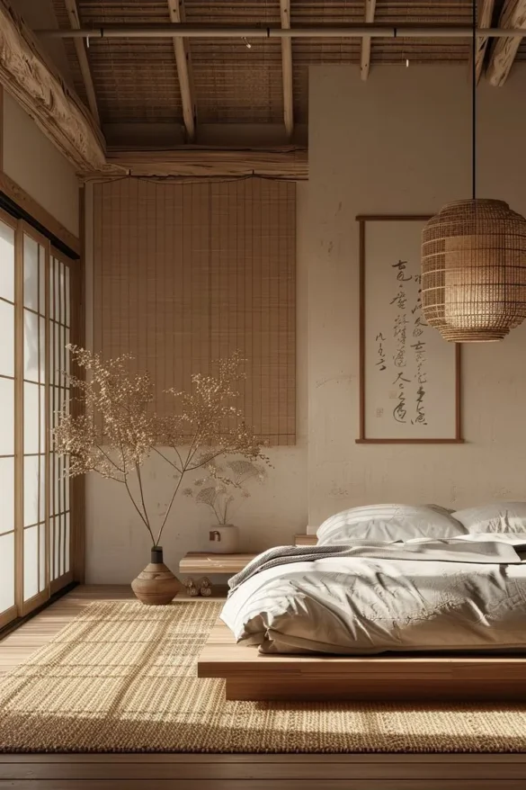 The Japandi style thrives on neutral tones and natural materials, as showcased here with light wood flooring and a low-profile bed frame. Soft textiles like linen bedding and a woven jute rug amplify the room’s tactile appeal, creating a serene environment. A large pendant lamp in organic textures draws attention upward, blending functionality and artful design. Natural light flows through the space effortlessly, emphasizing the connection between indoors and outdoors—a fundamental element of Japandi aesthetics.