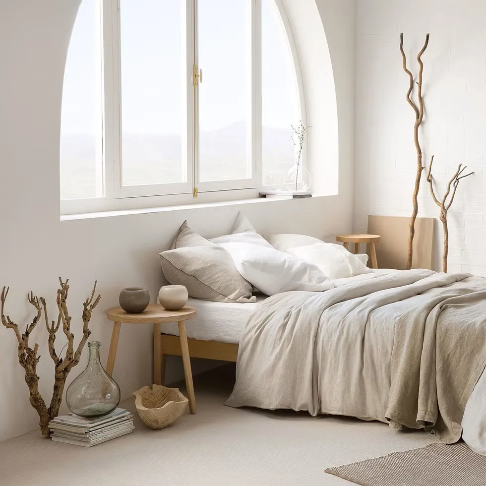 A bedroom filled with natural light through an arched window highlights Japandi’s emphasis on spaciousness and simplicity. Minimal decor like wooden side tables and sculptural branches serve as understated accents, while the neutral-toned bedding enhances the room's tranquil vibe. The use of asymmetry, particularly with decor placement, reflects the Japanese influence on the style.

