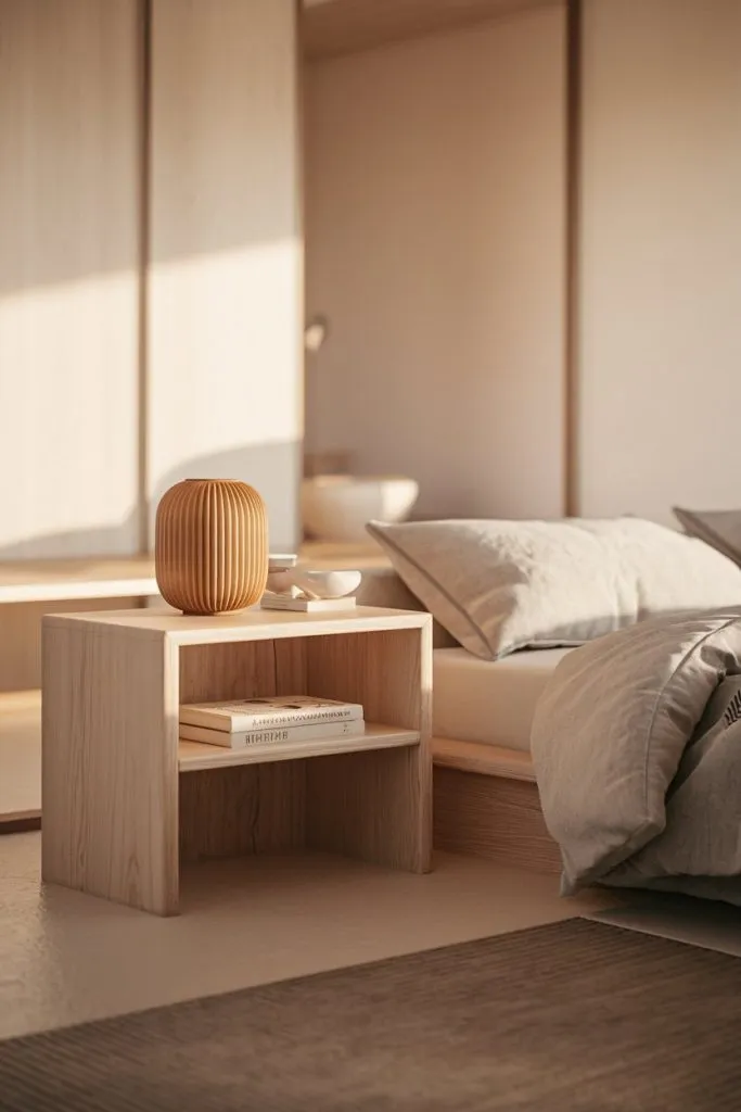 Focused on bedside simplicity, this setup emphasizes Japandi's functional elegance. The light wood nightstand houses essential items, blending seamlessly with the soft beige bedding. The ridged ceramic vase adds depth through texture while adhering to the room's muted tones, offering a perfect balance of minimalism and interest.

