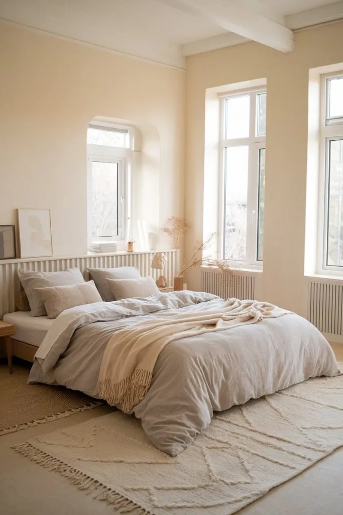 This room highlights Japandi’s hallmark neutral palette and layered textures. A cozy area rug beneath the bed complements the layered bedding, combining elements of Scandinavian comfort with Japanese restraint. The large windows flood the room with light, creating an airy, calming environment. Subtle decorative accents like dried flowers add depth while maintaining simplicity.

