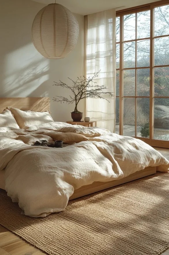 Floor-to-ceiling windows flood the room with daylight, emphasizing the importance of natural light in Japandi design. The minimalistic furniture, such as the low wooden bed and simple side table, ensures that the focus remains on the tranquil scenery outside. Delicate textiles and a woven floor rug reinforce the natural and sustainable ethos of Japandi style. Lighting is kept soft and diffuse to create a peaceful, balanced atmosphere.