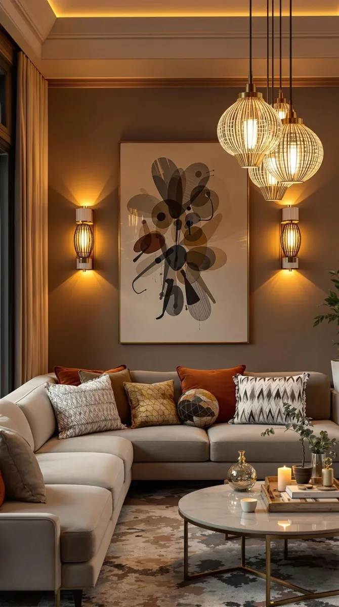 Layered lighting creates depth and drama. The pendant lights in this image cast a warm glow, complementing the rich tones of the decor. Paired with bold wall art and textured cushions, they anchor the living room's overall aesthetic, making it feel curated yet welcoming. 