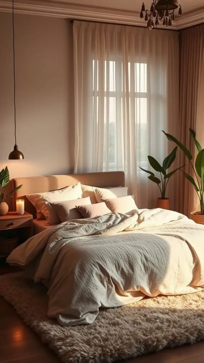 Natural light enhances every detail in this cozy setup. A beige duvet pairs effortlessly with soft golden lighting from the bedside lamp, creating a warm and inviting atmosphere. Adding a large textured rug anchors the space and gives it a more polished look. To complete the room, choose a few greenery elements, like potted plants, to bring life and freshness to your decor.