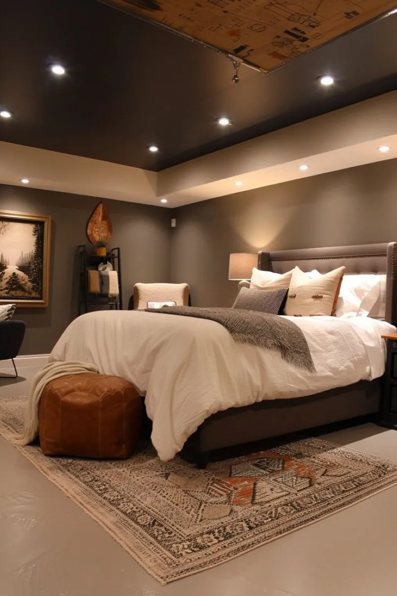 This luxury dorm room showcases a blend of neutral tones with dark accents, creating a sophisticated and polished environment. The leather ottoman perfectly complements the bed frame, while layered rugs add depth and dimension.