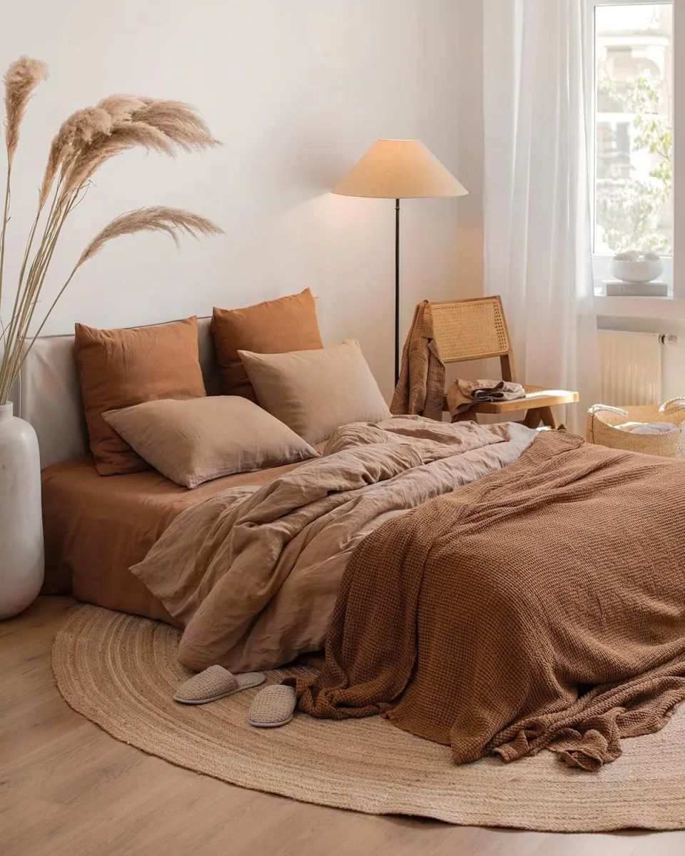 Earthy tones and natural materials define this boho-inspired dorm room. A caramel duvet complements the pampas grass and woven rug, while the light wooden furniture creates a harmonious base. To elevate the look, layer textured blankets and pillows in soft neutrals. Add warm lighting through a simple, natural-tone lamp for a cohesive and elevated aesthetic.