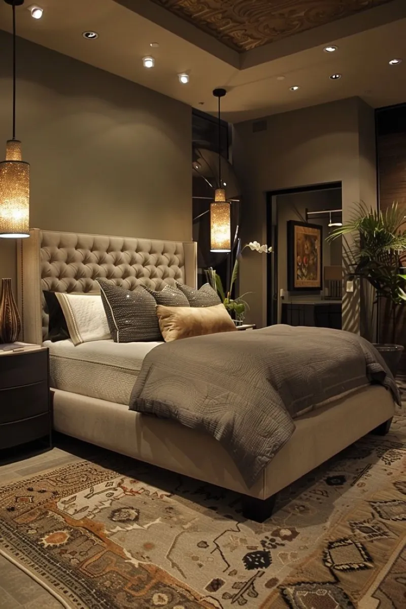 This setup combines modern sophistication with a dramatic edge. The tufted headboard creates an eye-catching focal point, while the layered bedding adds depth and texture. Metallic details on the bedside lamps elevate the decor further, giving it a polished, high-end look. For extra luxury, choose a large patterned rug that balances the space with visual interest.