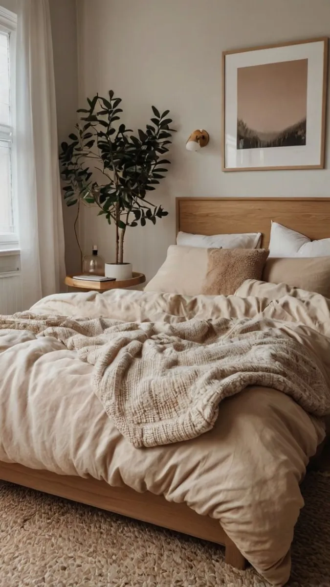 A warm and inviting dorm room doesn’t need over-the-top decor. The clean bedding works perfectly with the soft tones of the pendant lights and wooden headboard. A single framed art piece creates interest without overwhelming the space. Layer a neutral-toned throw over the bed for added comfort and style, keeping the overall look simple yet elegant.