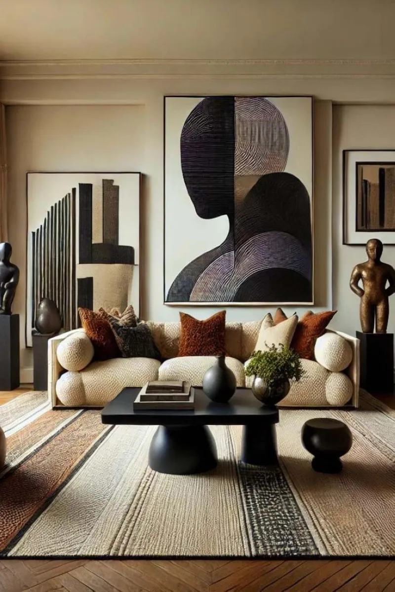 Oversized abstract art sets the tone for this maximalist living room. The textured sofa and sculptural accents create a gallery-like space that exudes sophistication. Layered throw pillows in earthy tones add depth without clashing with the bold artwork. 