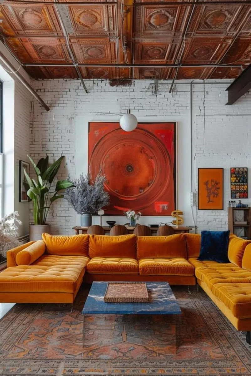 A mustard-yellow velvet sectional anchors this vibrant living room. Exposed industrial elements, like the metal ceiling, contrast beautifully with the plush fabrics. The rug and layered decor amplify the maximalist theme, creating a striking yet cozy environment.