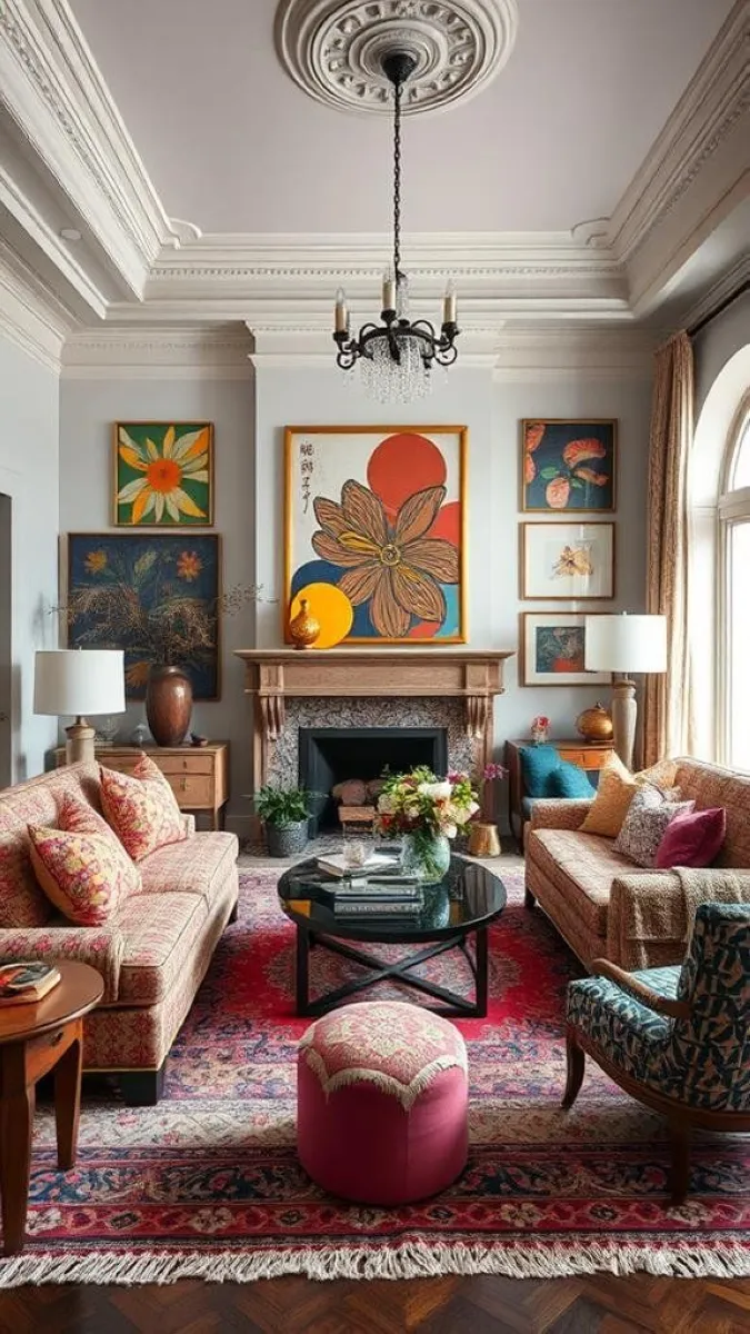 This space layers Persian rugs, intricate wall art, and colorful upholstery to achieve a curated maximalist look. The floral motifs and rich textures echo vintage charm, while the mix of furniture styles keeps the room playful and inviting.