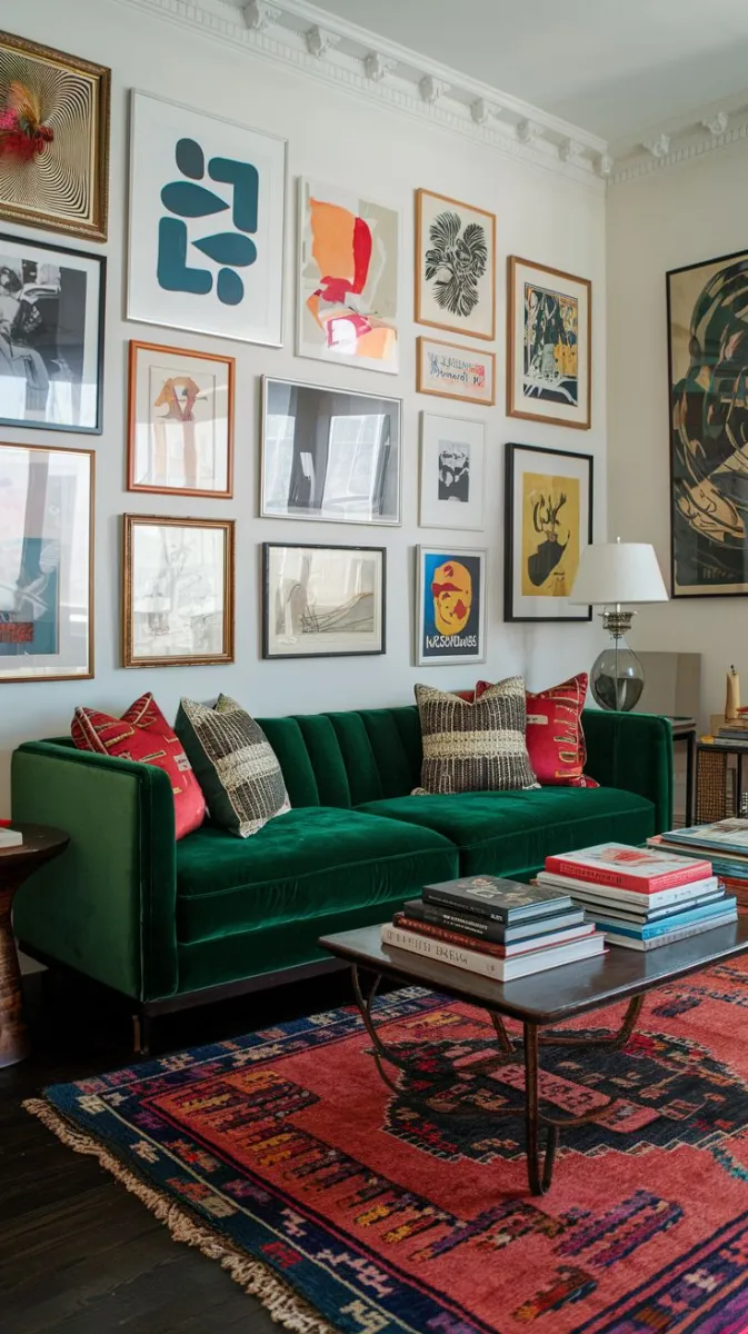 A rich emerald green velvet sofa becomes the centerpiece of this living room. A gallery wall filled with eclectic art and bold patterns creates a visually dynamic space. The contrast between the soft sofa and the vibrant rugs embodies maximalist elegance.