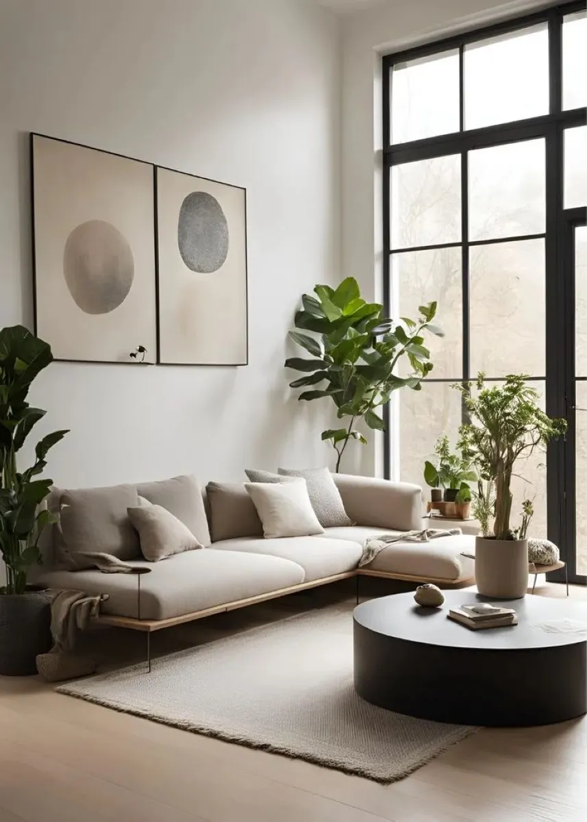 Minimalism thrives on neutral palettes. The sleek sectional sofa and curated greenery elevate the space without overwhelming it. Adding bold artwork or large windows, as seen in the image, ensures balance between simplicity and sophistication.