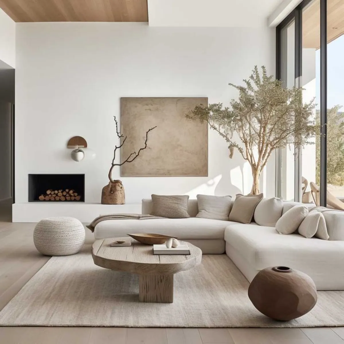 A rounded coffee table in light wood brings subtle movement to a minimalist living room. The combination of plush textiles and streamlined furniture creates a serene yet functional environment. Use natural light strategically to enhance the overall vibe.