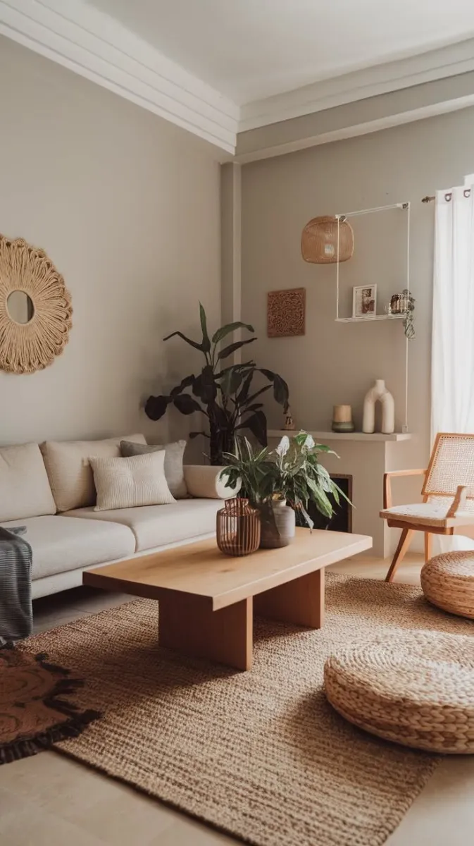 A stone coffee table acts as the focal point. Its raw finish contrasts beautifully with soft upholstery and natural fibers. Add vases or bowls crafted from clay to tie the look together. 