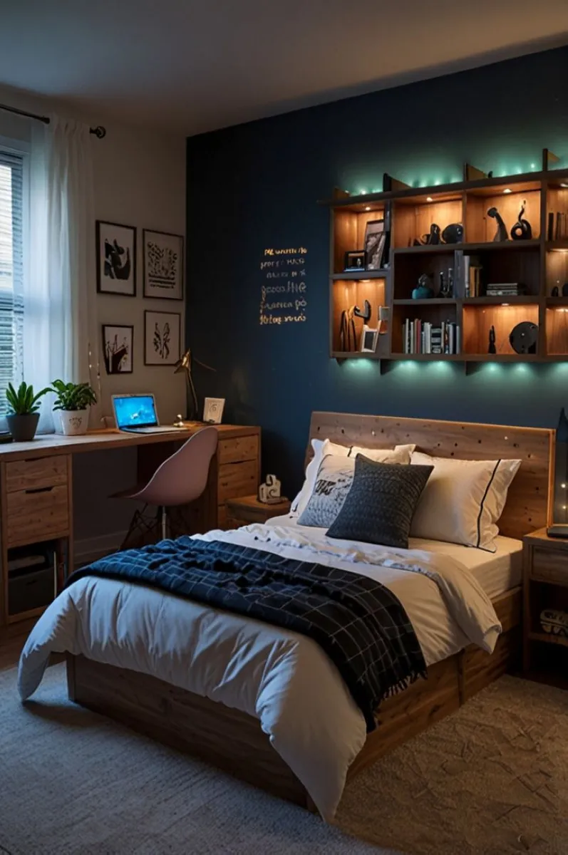 A perfect example of a teenage boy room blending functionality and style. The deep navy walls create a sophisticated base, while illuminated wooden shelves showcase books and collectibles. Soft, neutral bedding and checkered blankets provide comfort without overwhelming the decor. This boy room demonstrates how subtle lighting transforms a space into a personal retreat.

