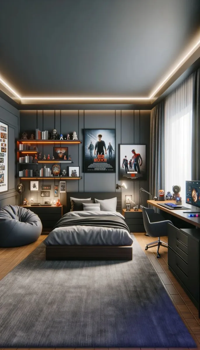 Balancing playfulness and sophistication, this boy room incorporates navy tones with lighter grays and pops of orange. Bean bags and framed collectibles make it fun, while streamlined lighting and furniture give the space a mature feel. It’s a seamless blend of youthful energy and grown-up style.

