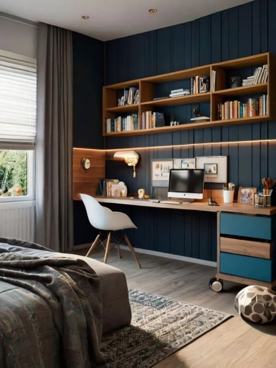 This setup pairs a dark navy feature wall with a streamlined study nook, fostering focus and style. The wooden desk and shelving add warmth, while integrated LED strips enhance functionality. A patterned rug and plush bedding tie the space together, maintaining comfort for study breaks.

