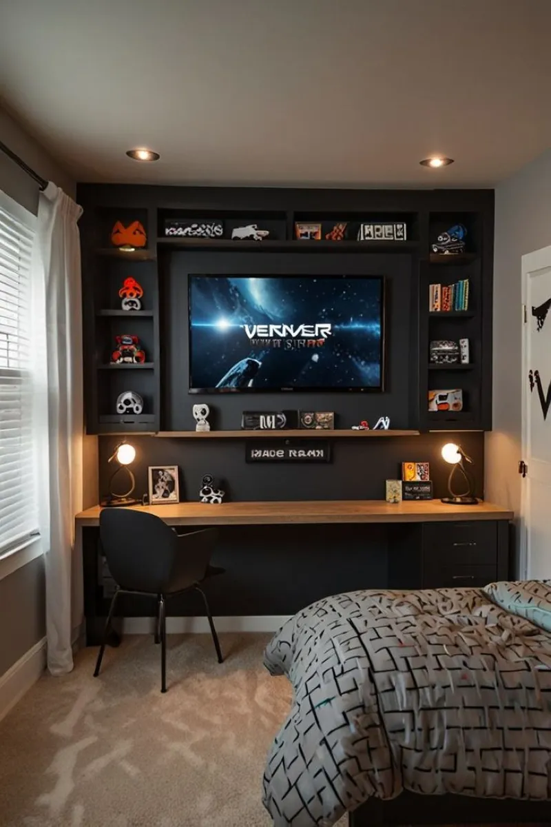 A striking media wall dominates this teenage boy room, showcasing collectibles and gaming gear. The black shelving contrasts with light accents, creating a tech-inspired vibe. Warm desk lighting balances the dark tones, while the minimalist bed design ensures relaxation post-gaming.

