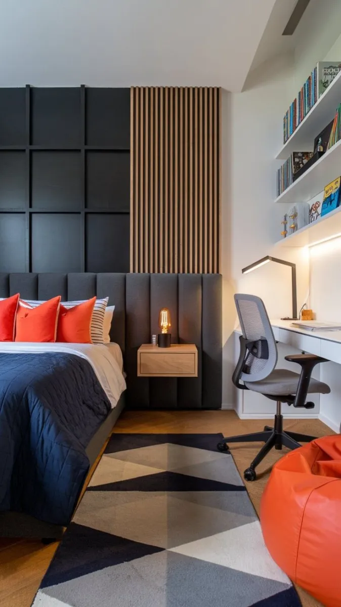 This room thrives on bold contrasts—orange pillows against deep navy hues on the accent wall. Textured panelling behind the bed adds dimension, while geometric rugs anchor the space. The sleek study desk integrates seamlessly, making it ideal for teens balancing study and style.

