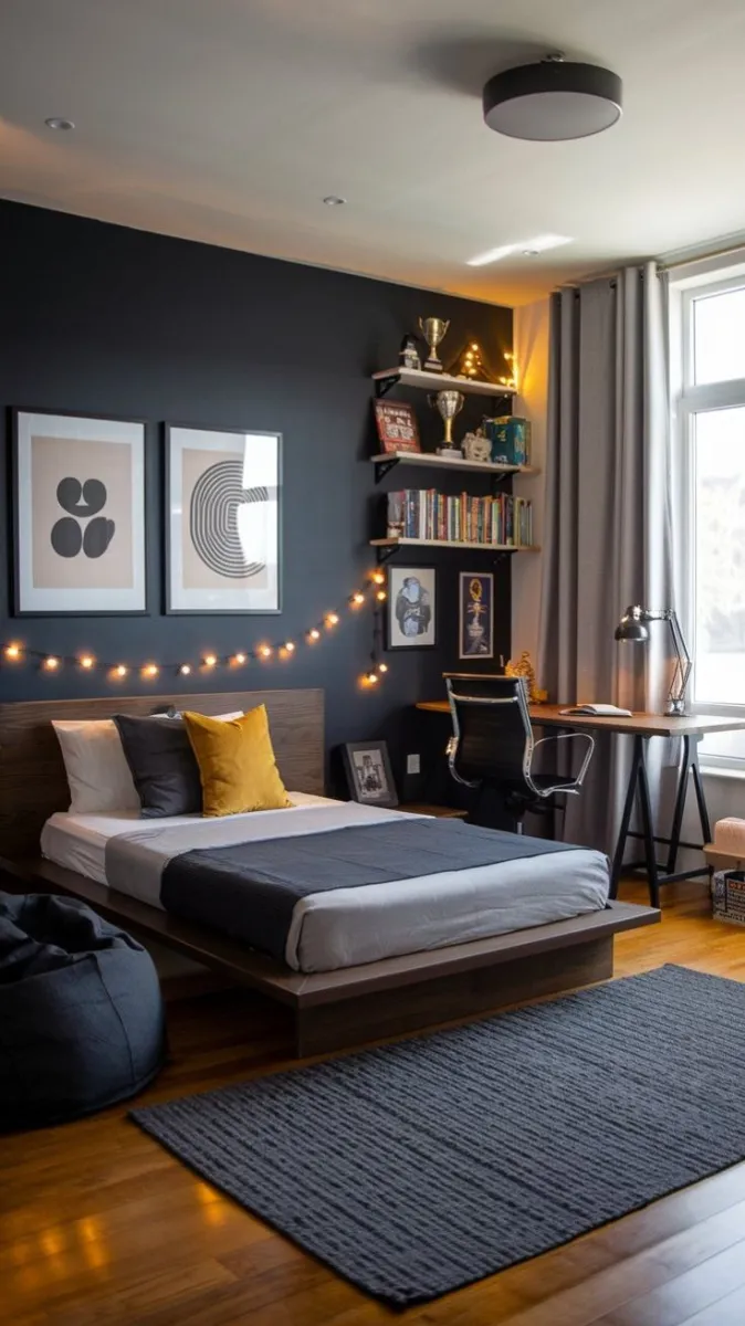 Soft string lights infuse this teenage boy room with a cozy ambiance. Modern black-and-white artwork complements the dark wall tones, while pops of yellow add energy. The compact desk area and beanbag seating maximize utility in a small footprint.

