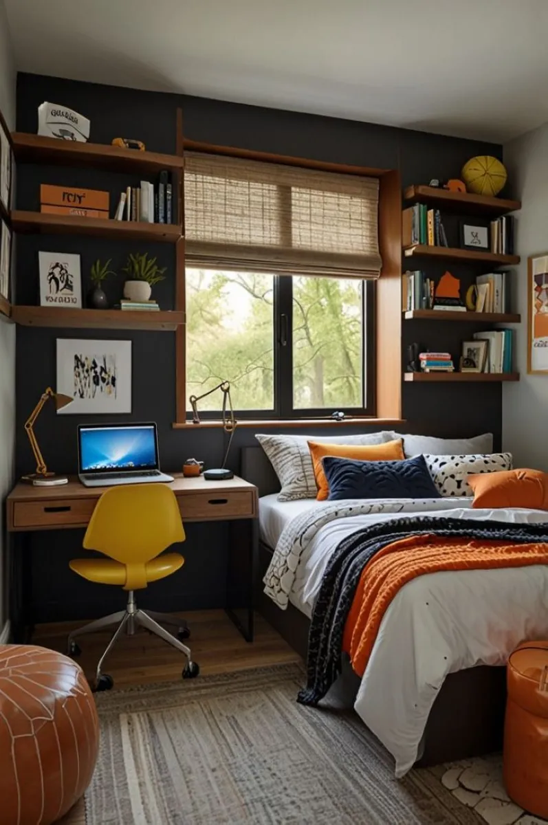 Vivid orange accents brighten this boy room, harmonizing with dark navy walls. The built-in desk and shelves cater to productivity, while layered textiles on the bed enhance warmth and texture. Natural light from the large window completes the inviting atmosphere.

