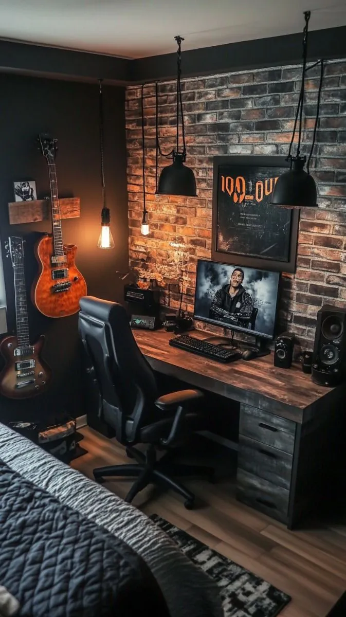 Exposed brick walls, pendant lighting, and guitars transform this bedroom into a musician's haven. The dark tones maintain a moody ambiance, while the wooden desk adds balance. This setup inspires creativity while maintaining sleek functionality.

