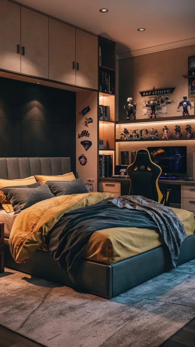 Showcasing collectibles with backlit shelves, this room pairs personality with design. The gray tones of the bedding complement the neutral walls, creating harmony. Pops of mustard in the textiles keep the space vibrant, ideal for teens wanting to highlight their hobbies.

