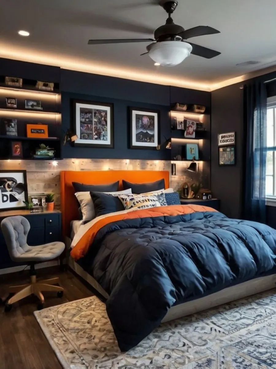 This teenage boy room uses navy walls as a base, with bold orange accents that pop against the dark palette. Floating shelves provide space for decor and trophies, while layered bedding ensures comfort. The mix of colors keeps the space fun yet mature, showing that blue bedrooms can embrace personality without compromising on style.

