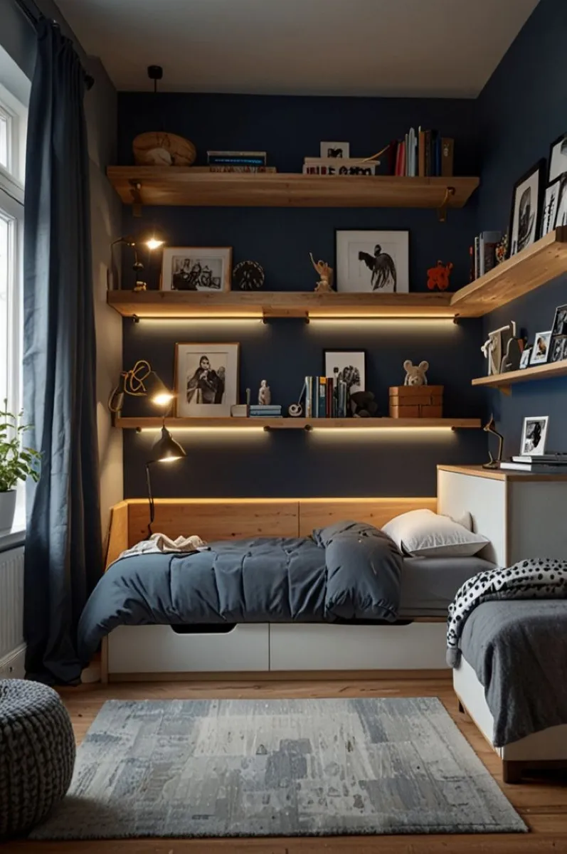 This room exemplifies how less is more in a young boys bedroom. Clean lines and a minimal color palette emphasize simplicity, with navy walls grounding the space. The wooden bed frame and shelving provide functional storage, while warm lighting and soft bedding ensure a cozy atmosphere.

