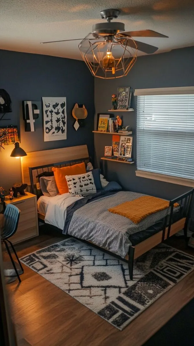 Combining study and rest areas in one room, this design makes the most of limited space. The dark blue walls add depth, contrasting with natural wood tones. Simple shelves above the desk enhance practicality, while textured bedding ties the decor together. This layout is perfect for a boy room balancing work and play.

