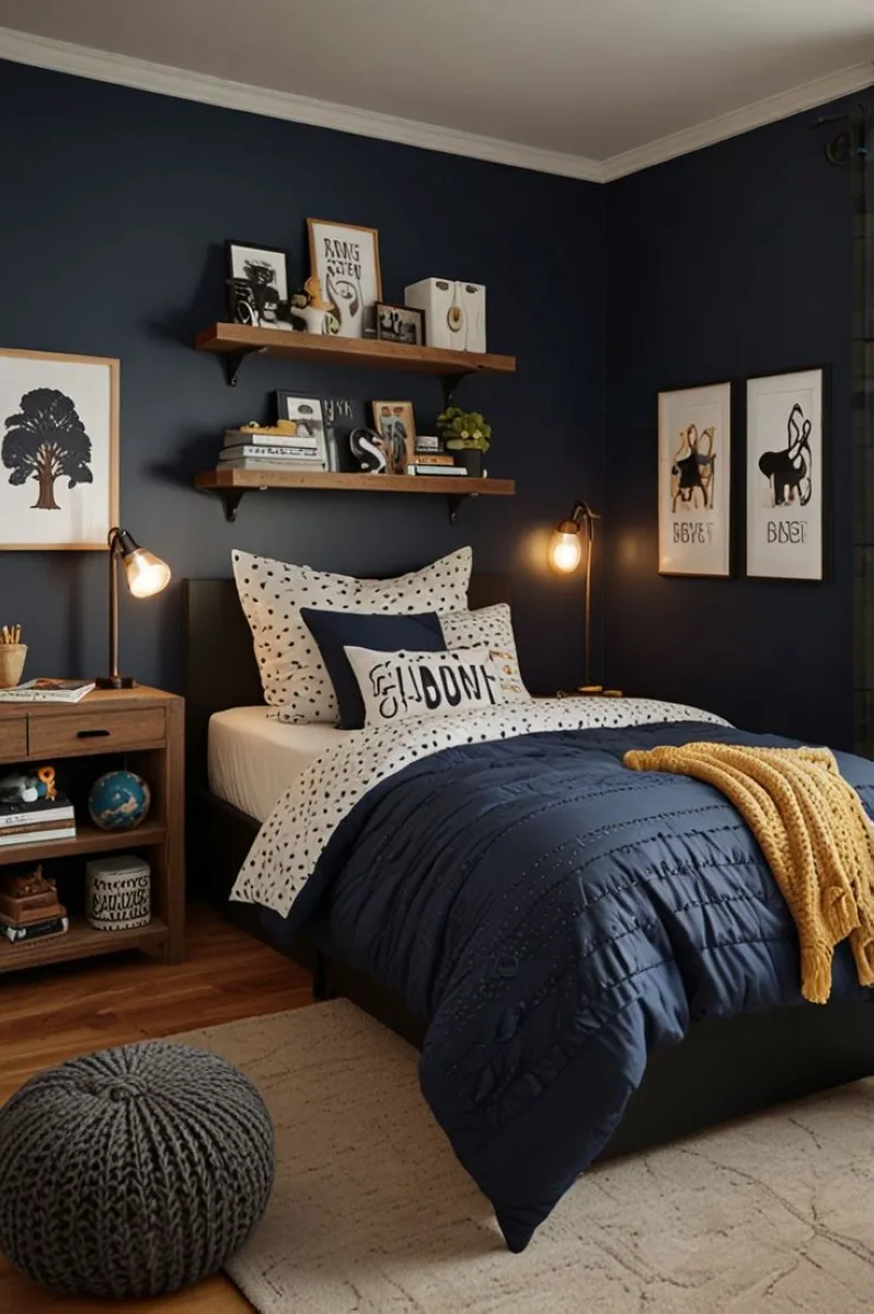 Blue bedrooms like this embrace bold contrasts, pairing navy walls with mustard accents. The combination creates a vibrant atmosphere that appeals to older boys transitioning to a more mature space. Patterned bedding and bright decor keep the room lively, while soft lighting adds warmth and balance.

