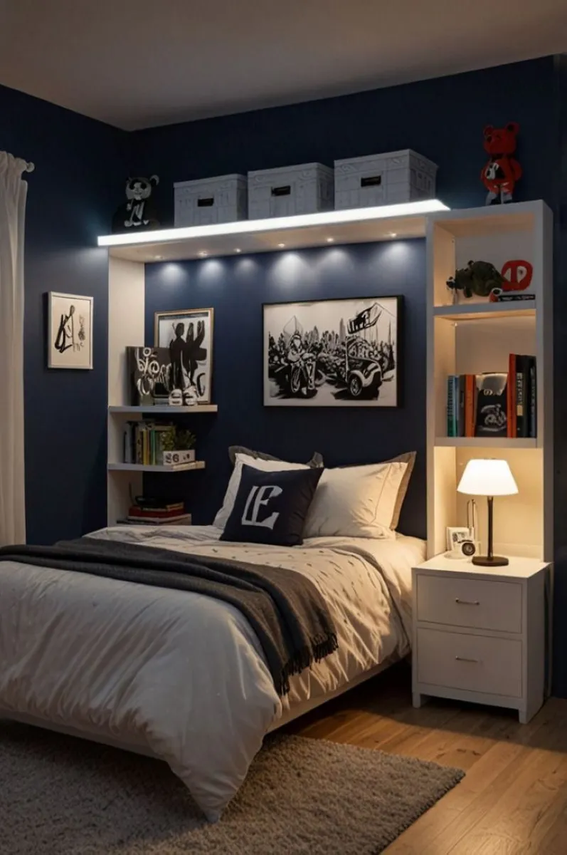 This older boy’s bedroom focuses on personalization through curated shelves. Navy walls frame sentimental items and books, while white furniture ensures balance. A neutral, patterned rug adds texture to the hardwood floors, and thoughtful lighting accents enhance the decor’s visual appeal.

