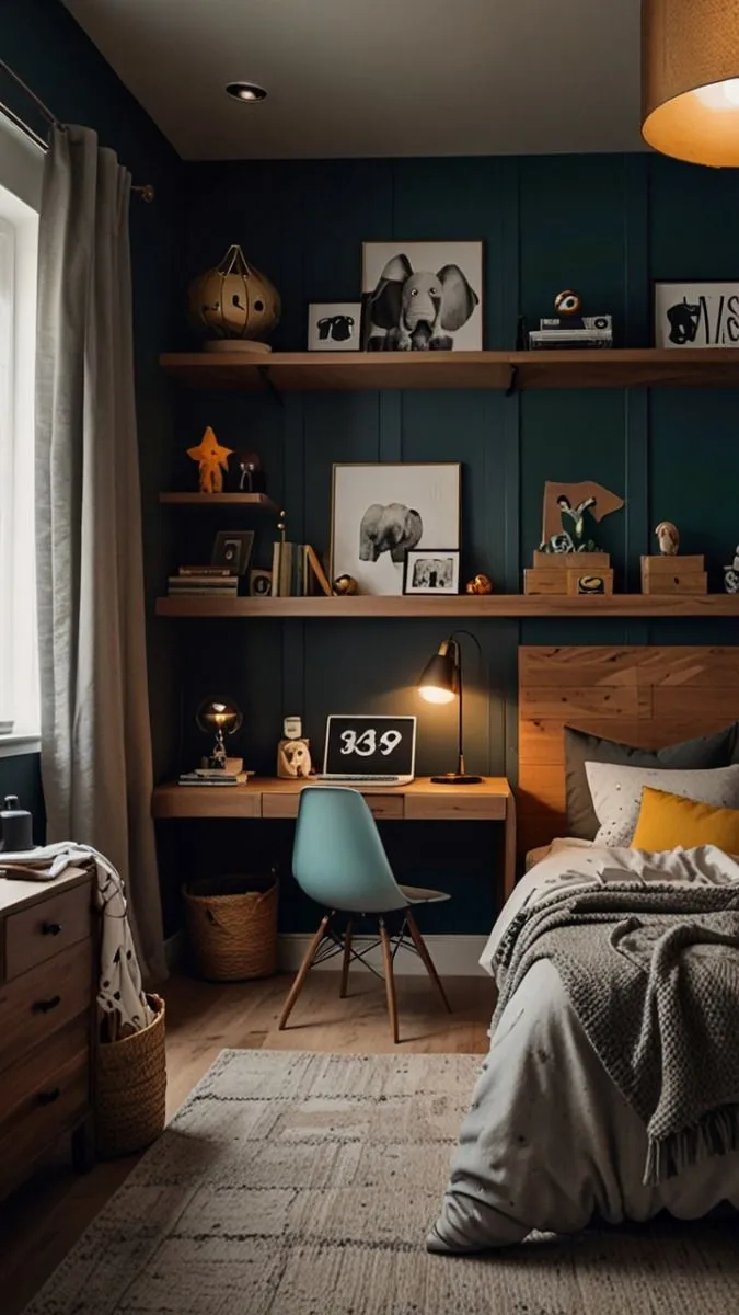 Sophisticated yet practical, this blue bedroom features navy walls paired with soft, textured bedding. Framed prints and custom shelving display personal items while maintaining an organized look. The addition of a textured area rug enhances the sense of comfort, making this ideal for a teenage boy room.

