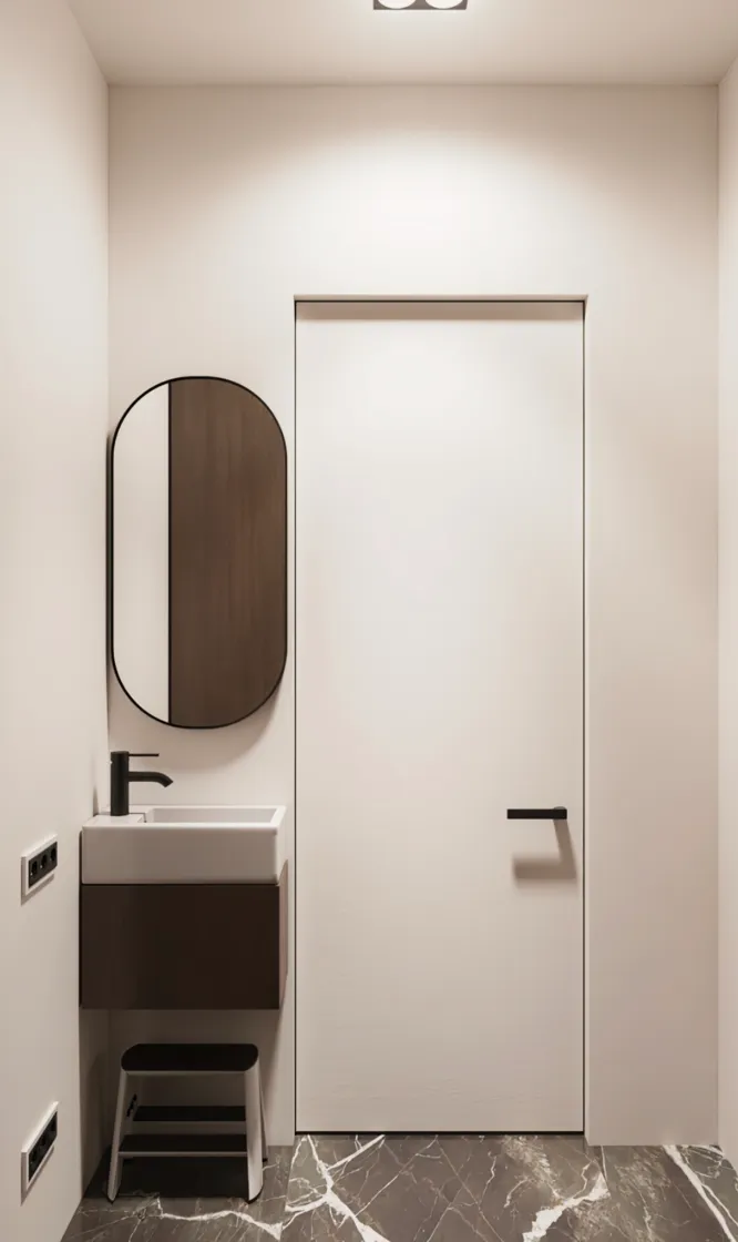 Minimalist Bathroom Design: Elevate your home with a minimalist bathroom that combines white matte walls, elegant marble flooring, and modern black accents. Perfect for luxury interior design inspiration. #MinimalistBathroom #LuxuryDesign