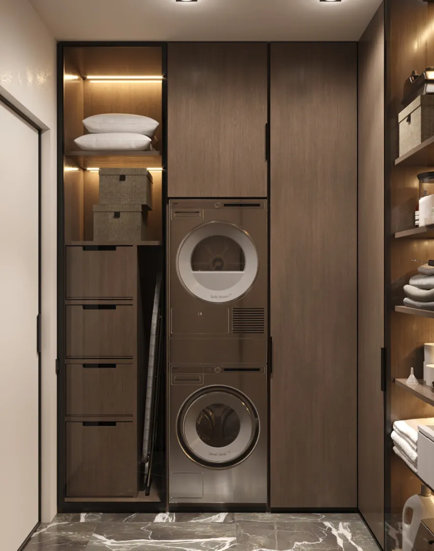 Integrated Washer and Dryer: Discover the perfect balance between practicality and elegance with built-in appliances. This luxurious laundry room design offers style and efficiency. #LuxuryLiving #InteriorDesignIdeas