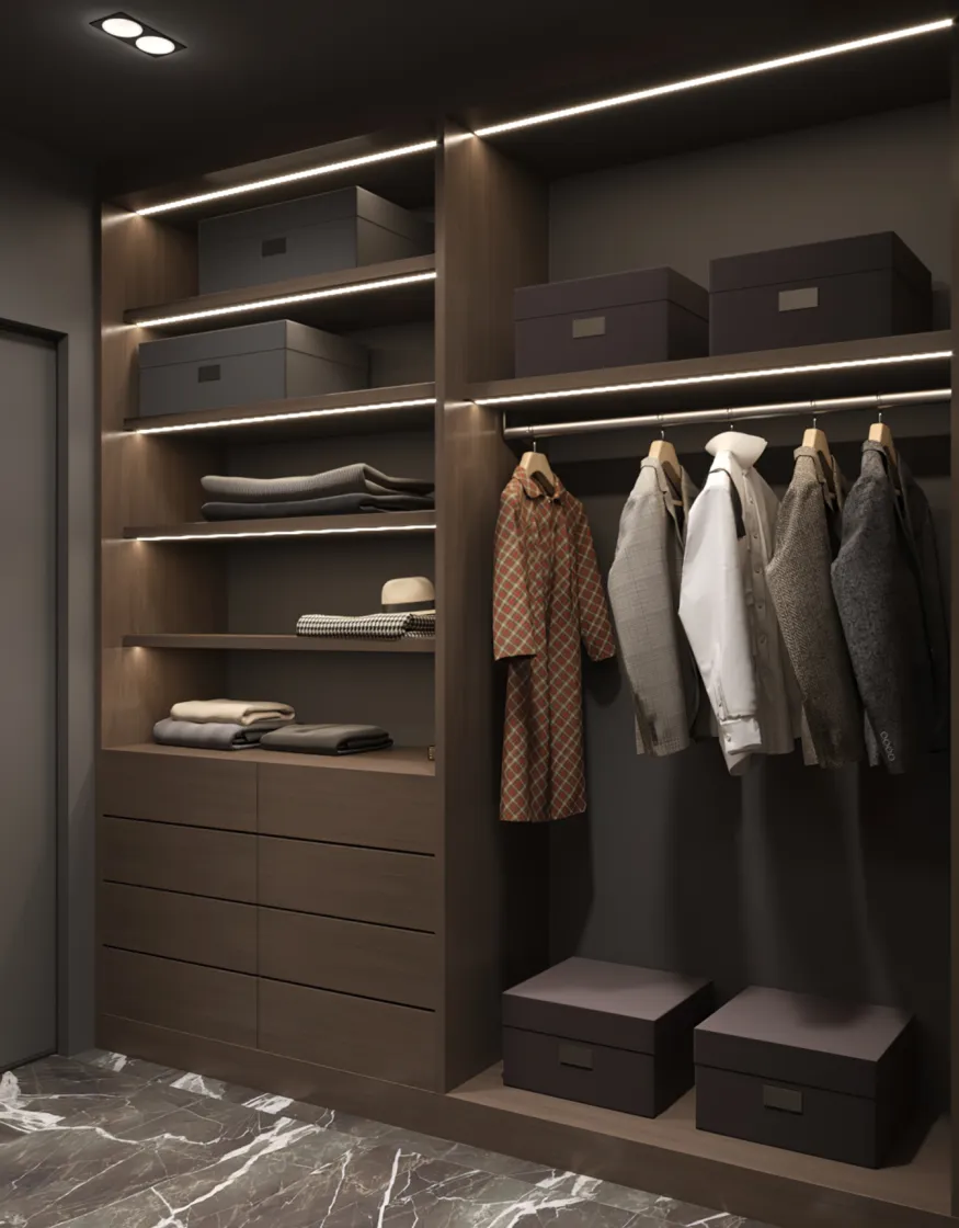 Elegant Laundry Room Storage: Maximize functionality and style with this stunning laundry room featuring hidden storage and illuminated shelves. Marble floors add a touch of sophistication to this luxury design idea. #LaundryRoomGoals #LuxuryInteriorDesign