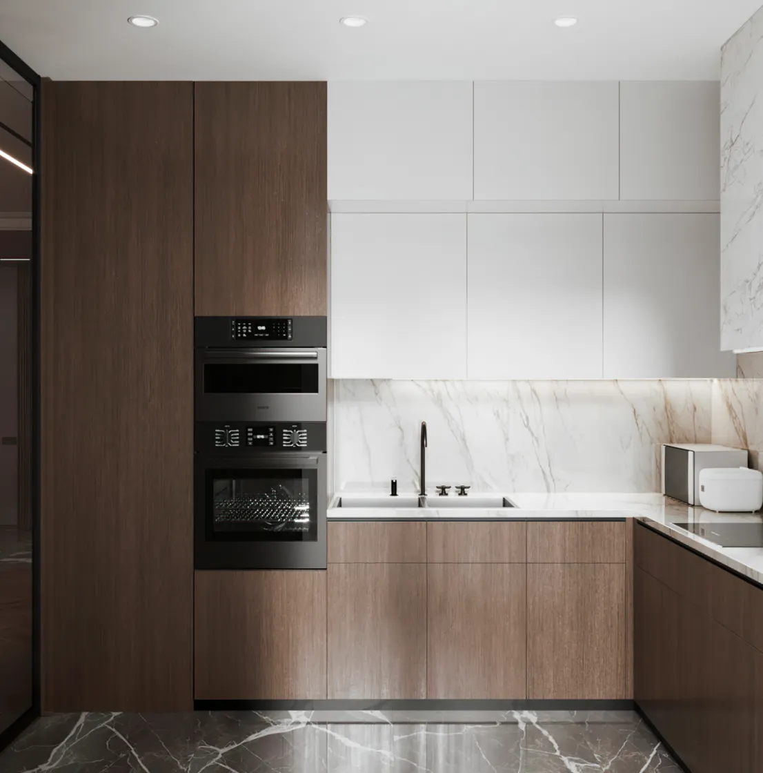 Modern Kitchen Elegance: Discover this beautifully designed kitchen featuring marble finishes, warm wooden cabinetry, and sleek built-in appliances. The perfect blend of luxury and functionality.