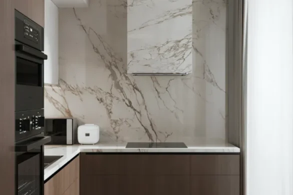 Sophisticated Marble Details in Kitchen Design: Elevate your kitchen space with opulent marble backsplashes and a minimalist aesthetic that exudes timeless sophistication.