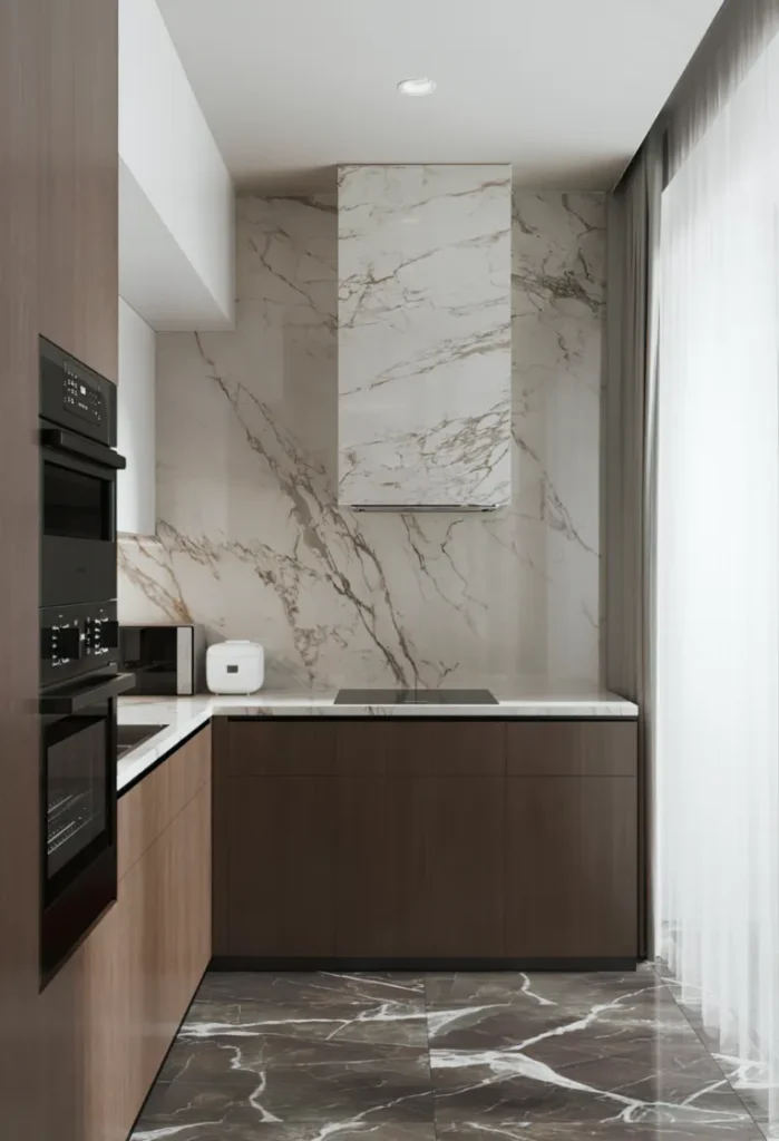 Sophisticated Marble Details in Kitchen Design: Elevate your kitchen space with opulent marble backsplashes and a minimalist aesthetic that exudes timeless sophistication.