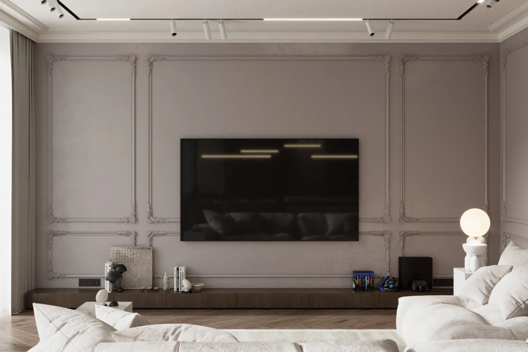 TV Wall in Luxury Living Room: Make your living room stand out with a beautifully detailed TV wall. Intricate paneling adds a classic touch to modern luxury. #TVWallDecor #LuxuryLivingRoom 