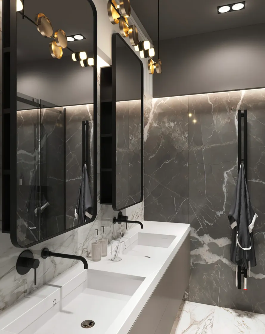 Minimalist Bathroom Design: Elevate your home with a minimalist bathroom that combines white matte walls, elegant marble flooring, and modern black accents. Perfect for luxury interior design inspiration. #MinimalistBathroom #LuxuryDesign