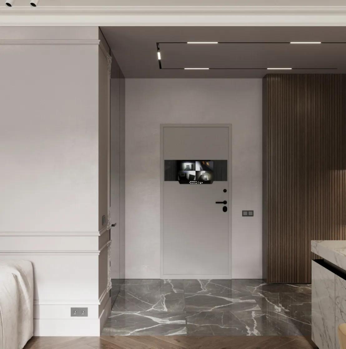 Entryway with Marble Flooring: Make a grand first impression with an entryway featuring sleek marble flooring and warm wood tones. A hallmark of luxury interior design. #EntrywayGoals #LuxuryLiving 