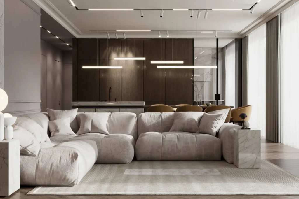 Marble and Paneling in Living Room Elevate your living room with intricate paneling and marble accents. A true blend of luxury design and timeless elegance. #LuxuryLivingRoom #InteriorDesign