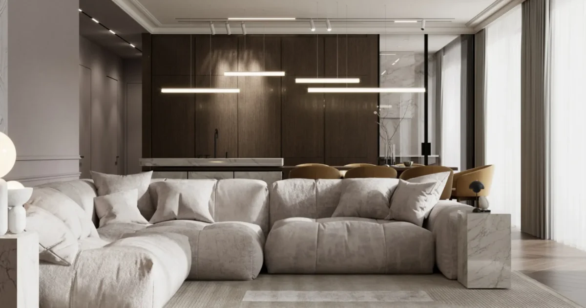 Marble and Paneling in Living Room Elevate your living room with intricate paneling and marble accents. A true blend of luxury design and timeless elegance. #LuxuryLivingRoom #InteriorDesign