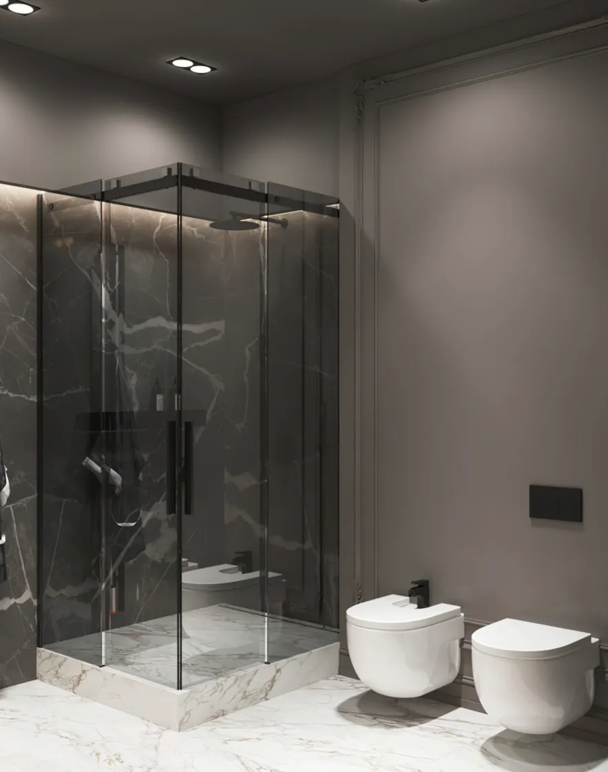 Minimalist Bathroom Design: Elevate your home with a minimalist bathroom that combines white matte walls, elegant marble flooring, and modern black accents. Perfect for luxury interior design inspiration. #MinimalistBathroom #LuxuryDesign