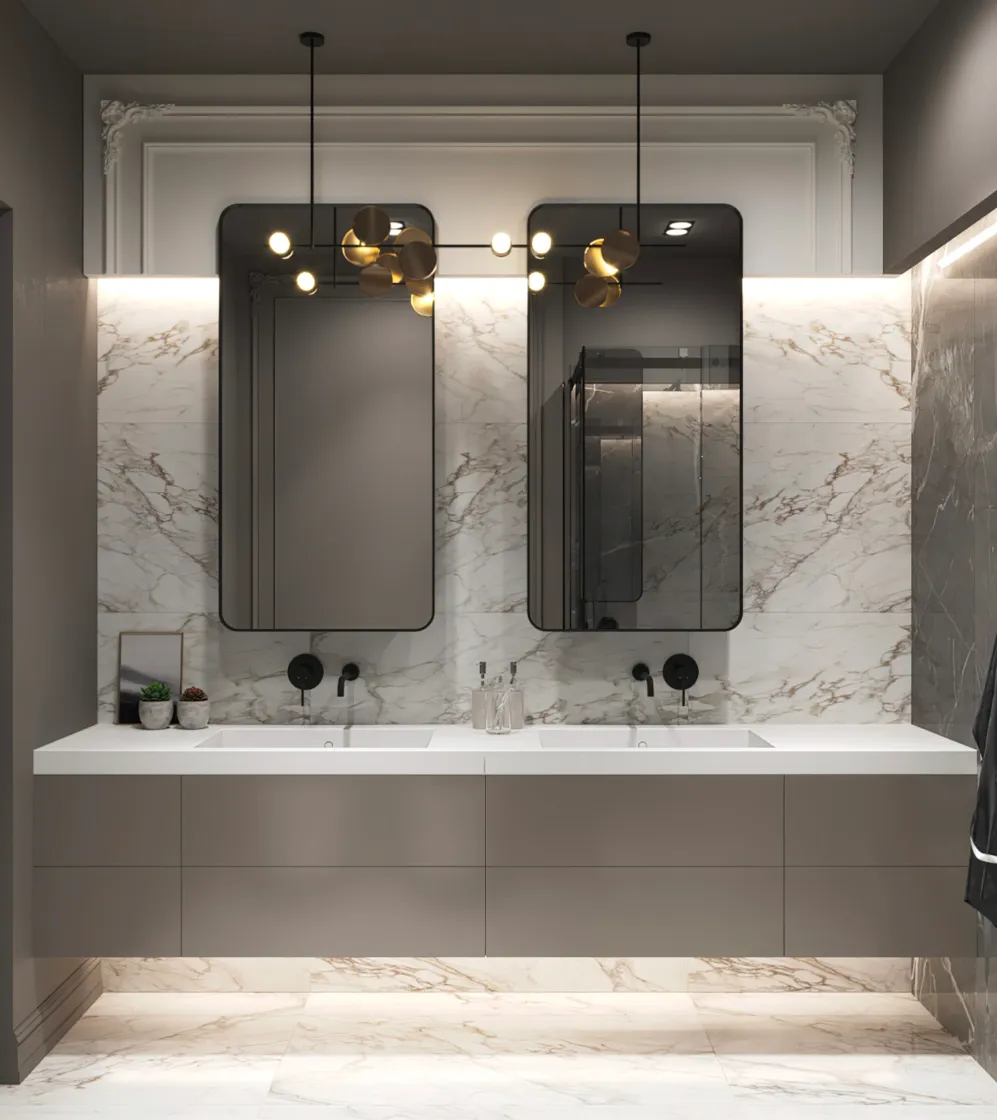 Minimalist Bathroom Design: Elevate your home with a minimalist bathroom that combines white matte walls, elegant marble flooring, and modern black accents. Perfect for luxury interior design inspiration. #MinimalistBathroom #LuxuryDesign