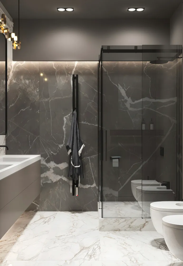 Minimalist Bathroom Design: Elevate your home with a minimalist bathroom that combines white matte walls, elegant marble flooring, and modern black accents. Perfect for luxury interior design inspiration. #MinimalistBathroom #LuxuryDesign