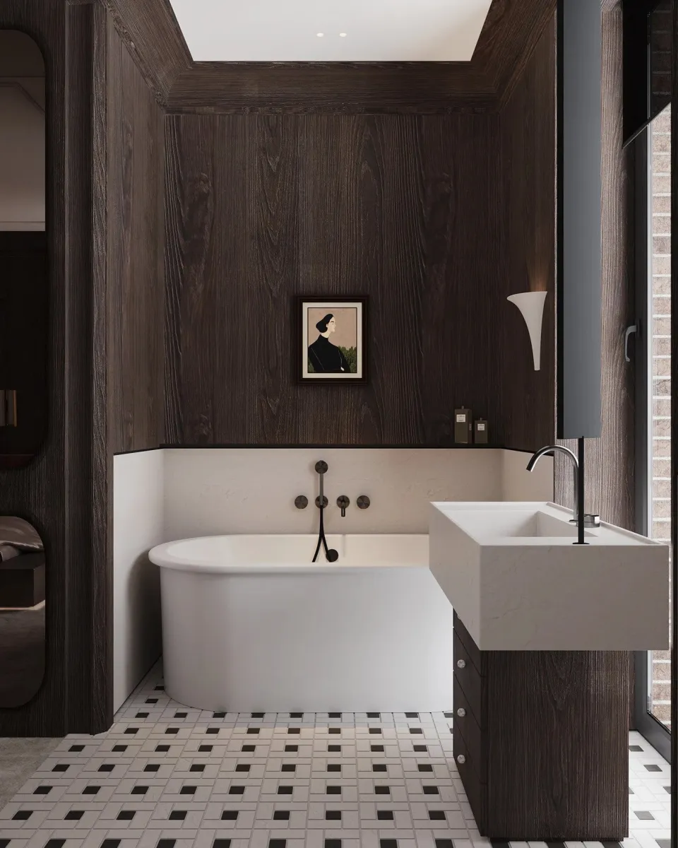 Spa-like bathroom with freestanding tub and dark wood accents. This bathroom is a sanctuary. The freestanding tub is the star, but the dark wood panels and geometric floor tiles add depth and contrast.