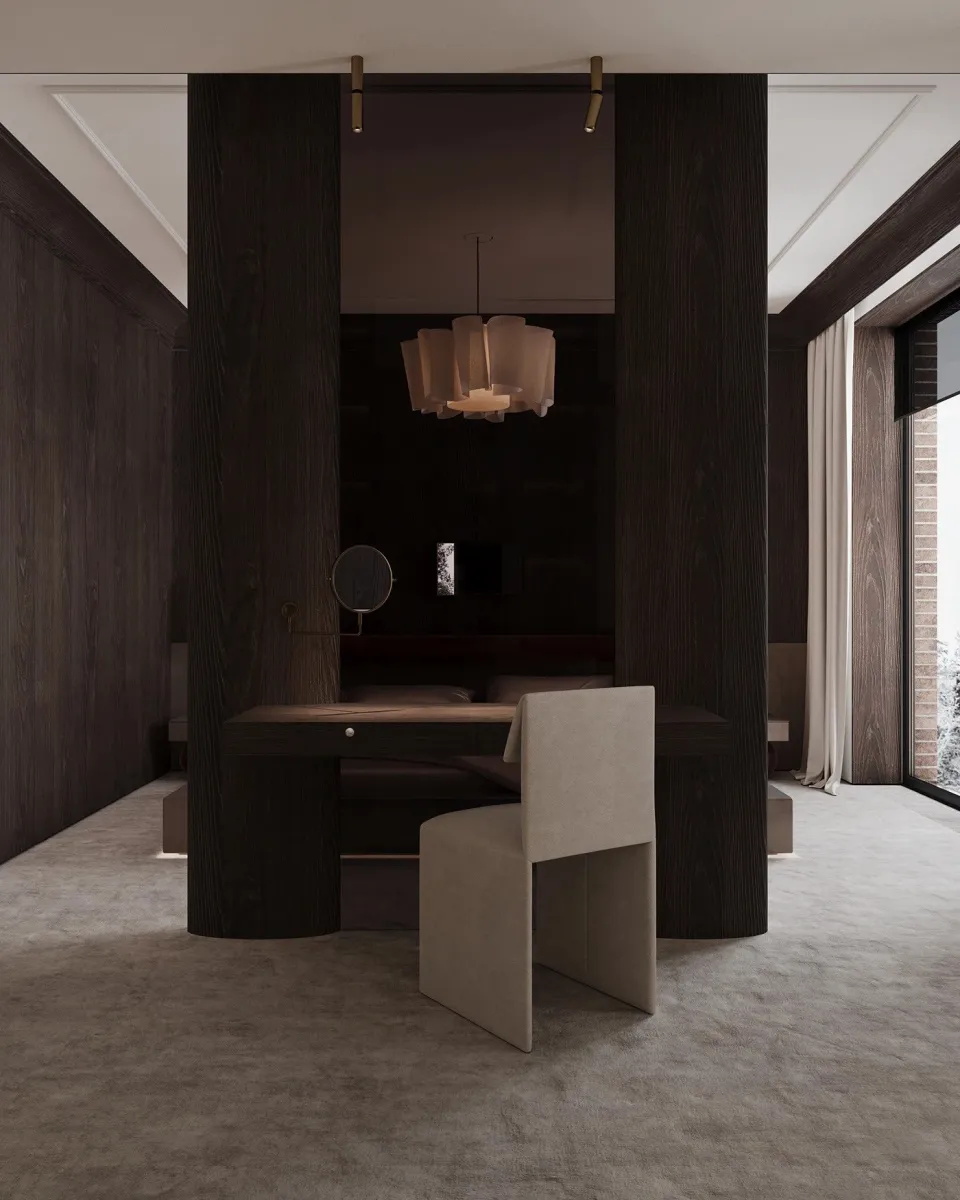 Dark cozy bedroom with LED-lit platform bed and textured walls. Dark wood-paneled walls might sound risky, but here, they’re pure magic. The LED-lit platform bed seems to float, and the layered chandelier softens the moodiness. 