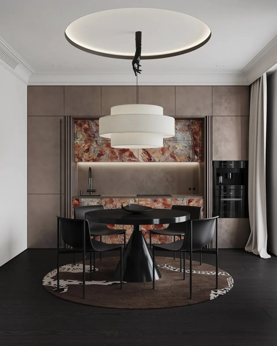 Modern kitchen with veined stone backsplash and warm wood cabinetry. This kitchen is a masterclass in texture. The veined stone backsplash is a showstopper, with earthy reds and grays that add depth. Paired with taupe cabinetry and dark wood floors, it’s the warm apartment aesthetic in action.